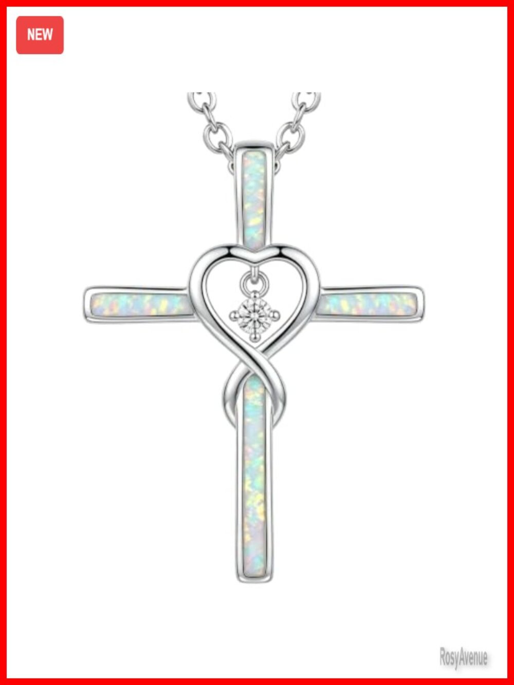 925 Sterling Silver Opal Cross Pendant Necklace Lab Diamond 18+2 Inch
